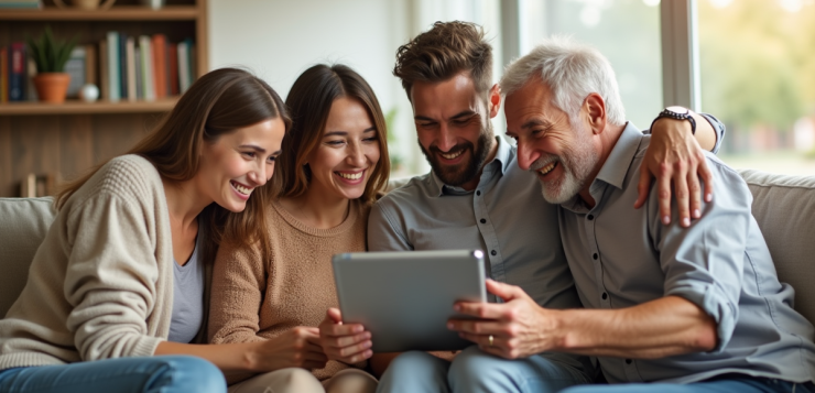 Famille multigenerations souriante avec tablette dans un salon lumineux