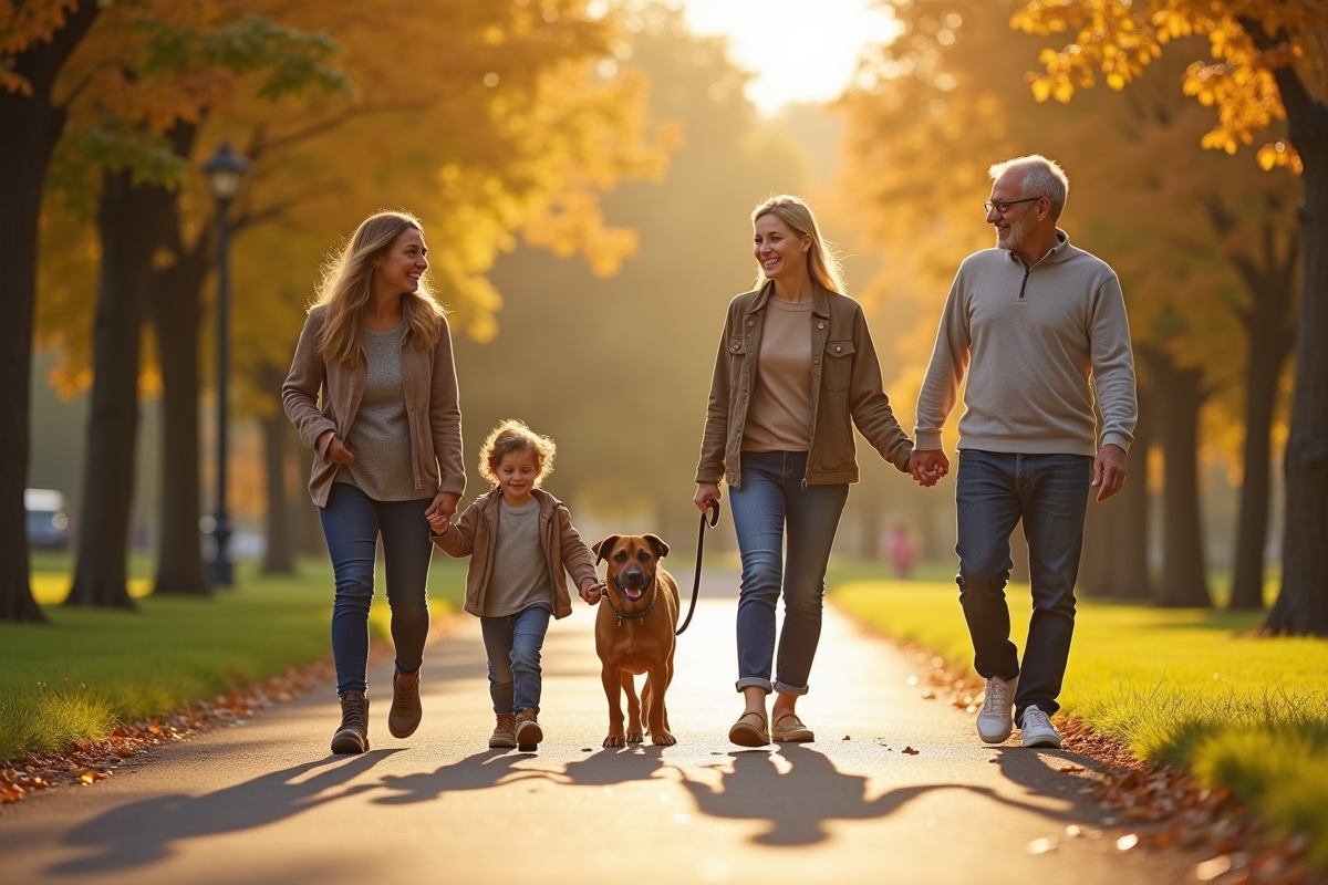 Famille diverse avec un gros chien dans un parc ensoleille