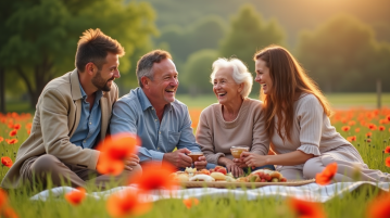 Famille multigenerations profitant d'un pique-nique dans un champ de coquelicots