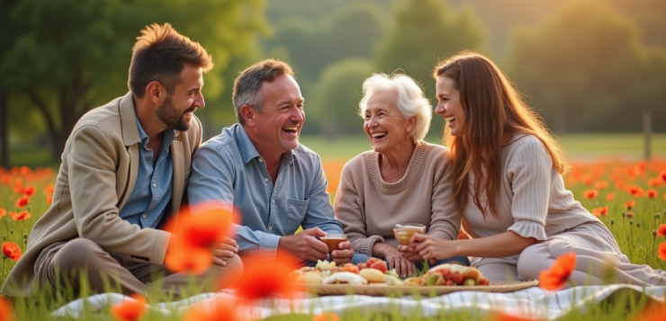 Famille multigenerations profitant d'un pique-nique dans un champ de coquelicots