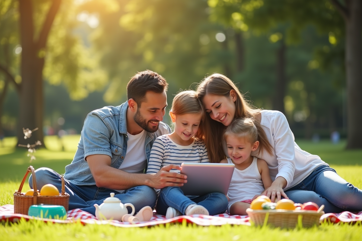 Famille profitant d un moment en plein air avec un appareil numérique