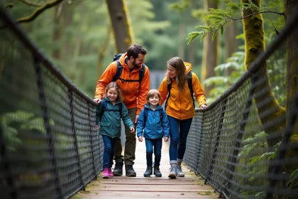 Famille souriante traversant un pont suspendu en forêt Vosges