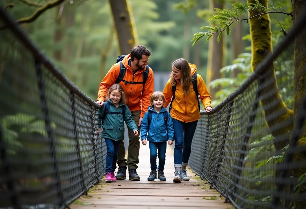 Famille souriante traversant un pont suspendu en forêt Vosges