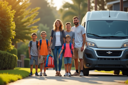 Famille heureuse avec van neuf en journée en banlieue