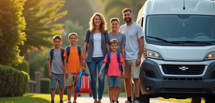 Famille heureuse avec van neuf en journée en banlieue