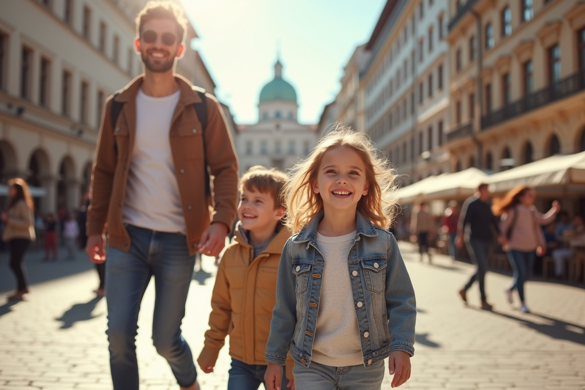 Famille souriante explorant une place européenne en journée