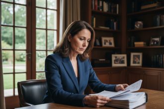 Femme d affaires en costume navy dans un bureau élégant