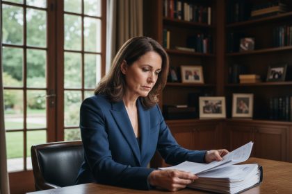 Femme d affaires en costume navy dans un bureau élégant