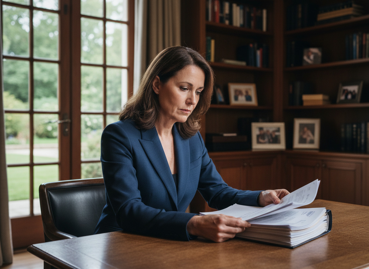 Femme d affaires en costume navy dans un bureau élégant