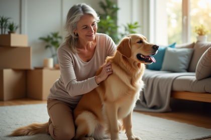 Femme d'âge moyen avec son chien doré dans un salon ensoleille