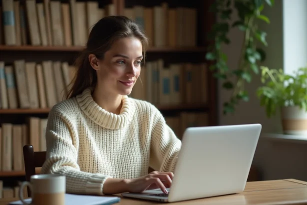 Femme concentrée rédigeant un article de blog sur son ordinateur portable dans un bureau cosy, illustrant le soutien moral et la création de contenu d'aupremierplan.fr