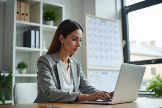 Femme professionnelle consultant un calendrier mural et son ordinateur portable pour vérifier le numéro de semaine paire ou impaire