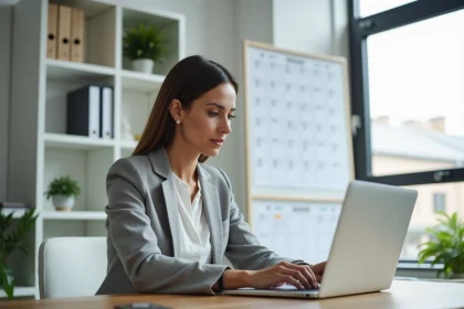 Femme professionnelle consultant un calendrier mural et son ordinateur portable pour vérifier le numéro de semaine paire ou impaire
