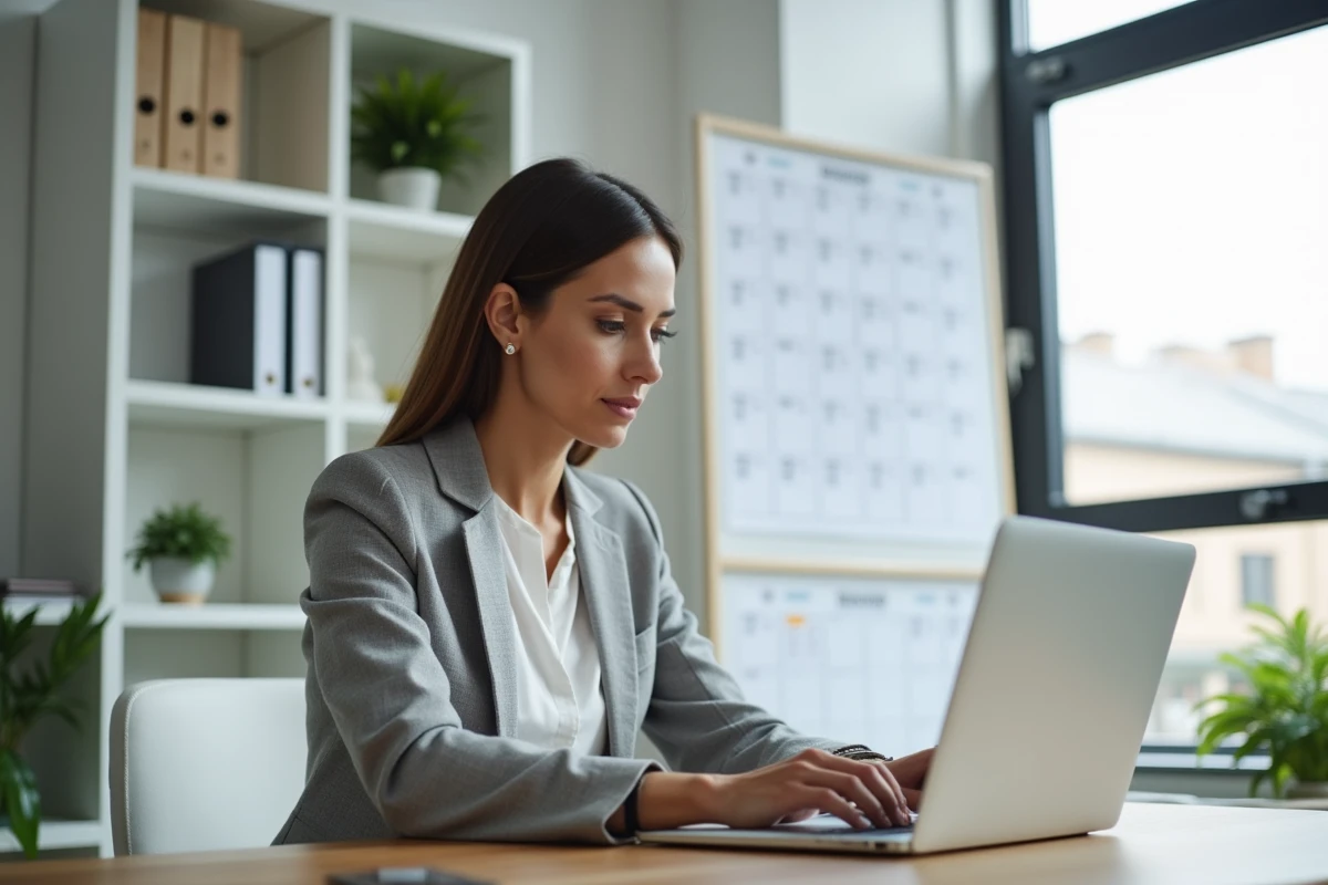 Femme professionnelle consultant un calendrier mural et son ordinateur portable pour vérifier le numéro de semaine paire ou impaire