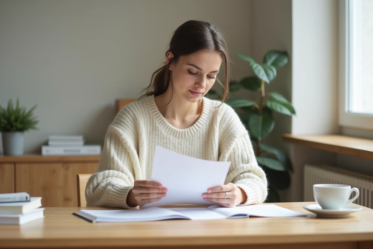 Femme concentrée à son bureau à domicile, atmosphère éditoriale intime et sobre