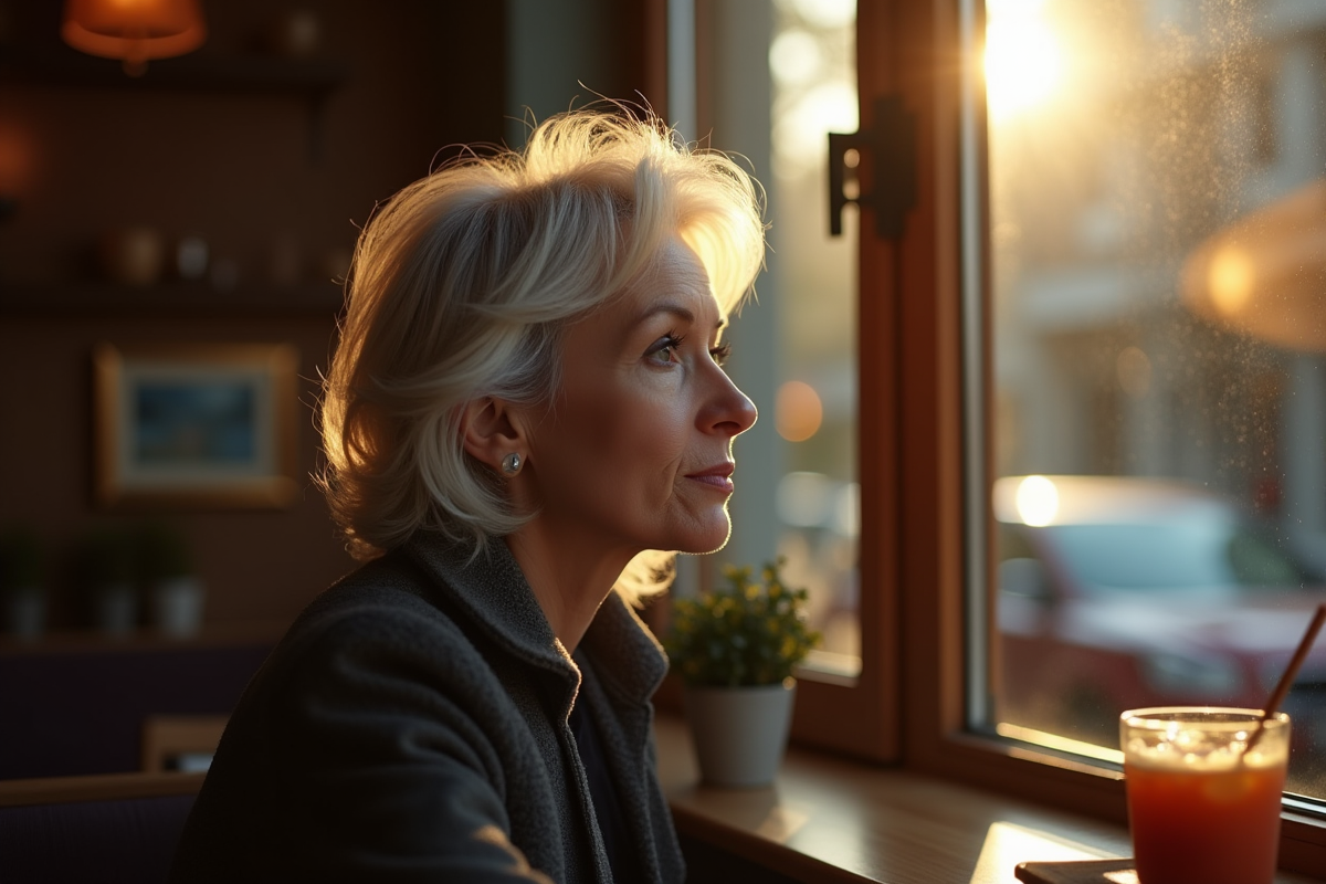 Femme réfléchissant près d une fenêtre de café le matin