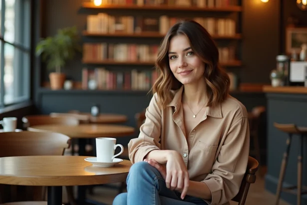 Femme détendue dans un café parisien en blouse terre
