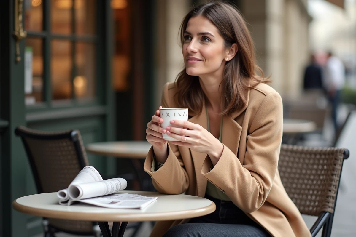 Femme pensive attablée à la terrasse d'un café parisien symbolisant la vie privée et les rumeurs autour d'une personnalité publique