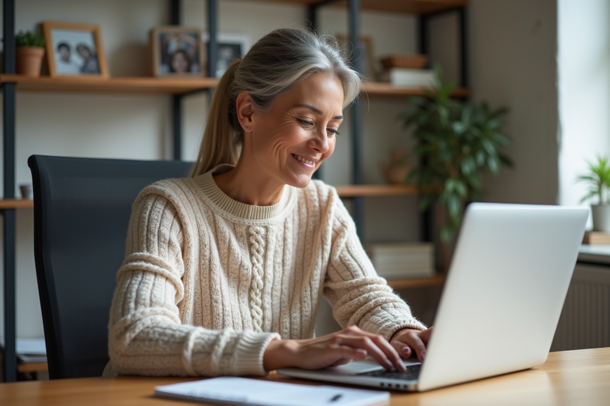 Femme calculant son âge sur son ordinateur dans un bureau moderne