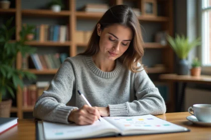 Femme organisant son planning avec un calendrier semaine paire et impaire dans un carnet papier posé sur un bureau en bois