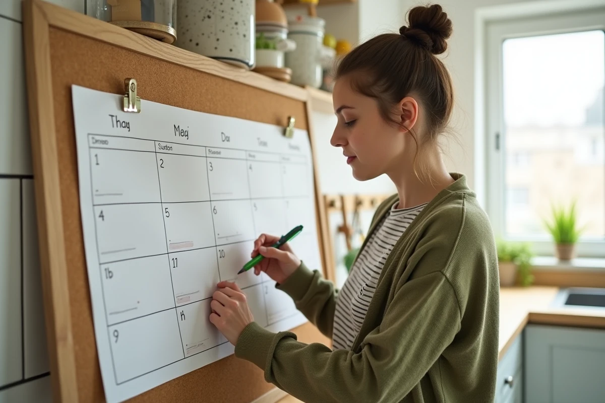 Jeune femme organisant son planning hebdomadaire sur un tableau en liège dans une cuisine moderne pour suivre les semaines paires et impaires