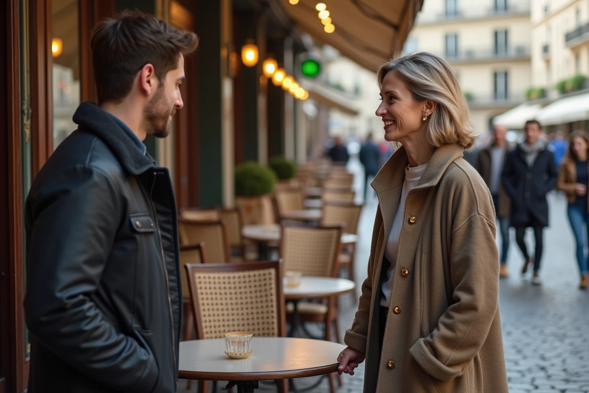 Femme française discutant dans un café parisien animé