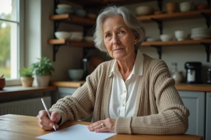 Femme d'âge moyen écrivant une lettre dans sa cuisine chaleureuse
