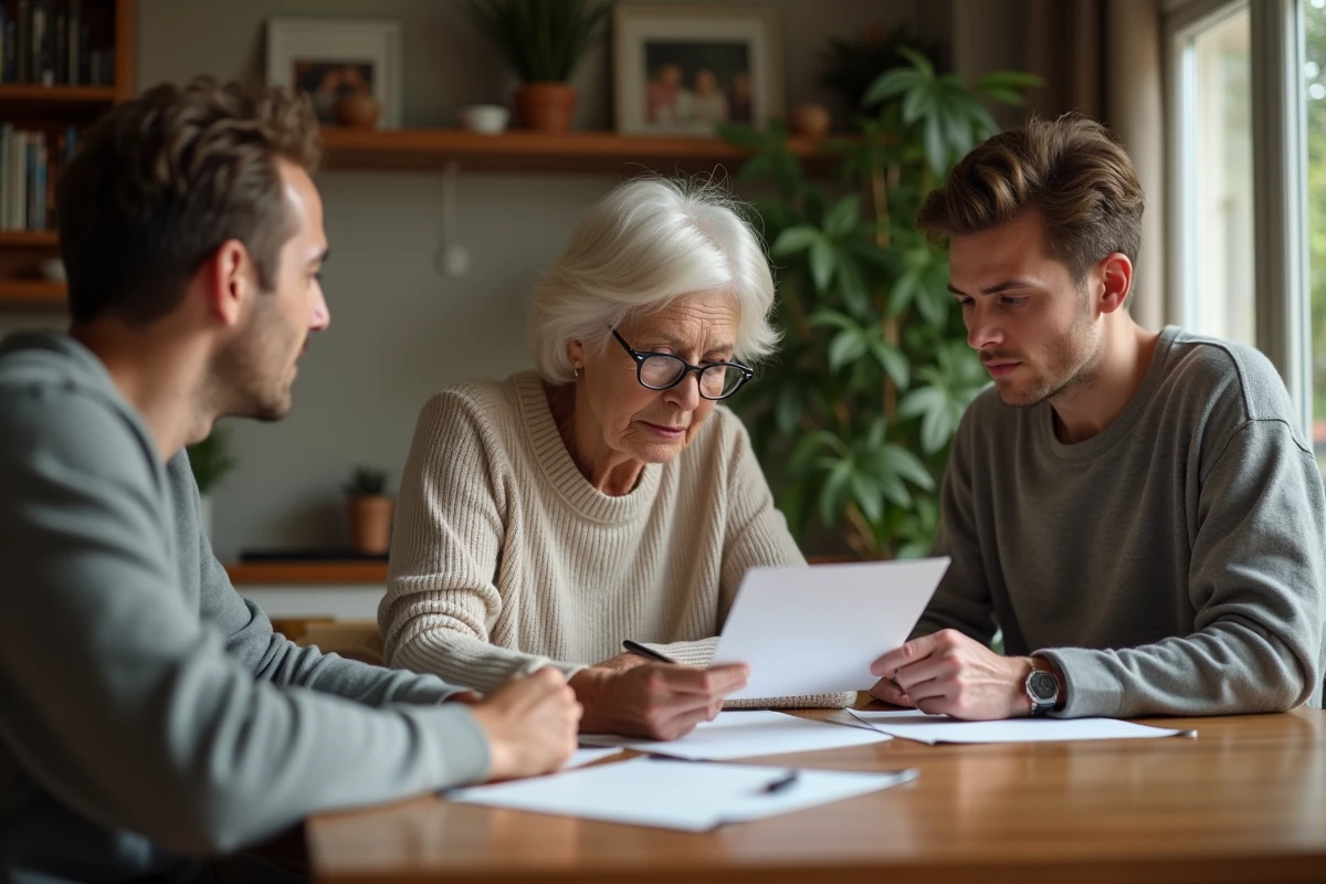 Femme senior en famille examinant des papiers importants