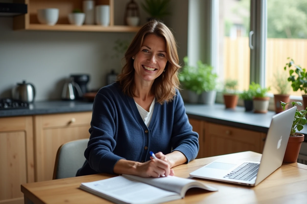 Femme d'une quarantaine d'années consultant sa gazette familiale Famileo sur son ordinateur portable à la table de cuisine