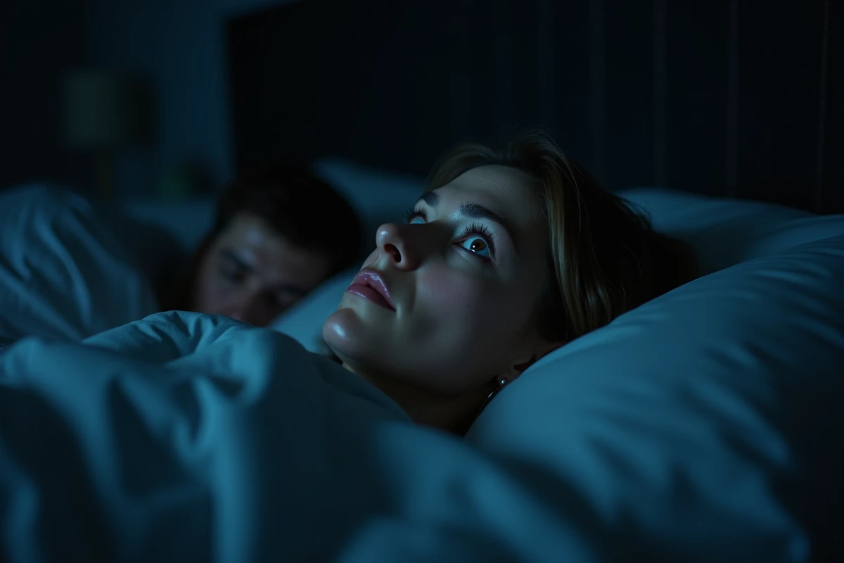 Femme insomniaque allongée éveillée la nuit, regard plongé dans ses pensées après un rêve de trahison