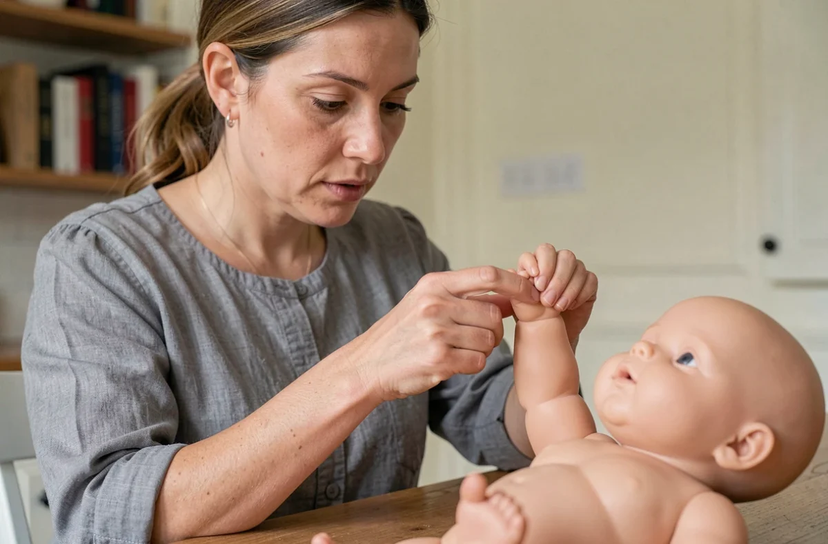 Femme inspectant les détails d'un bébé reborne en silicone d'occasion, examinant la texture de la peau et des doigts
