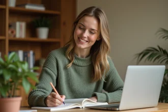 Jeune femme consultant une liste de prénoms sur un ordinateur portable et prenant des notes dans un carnet