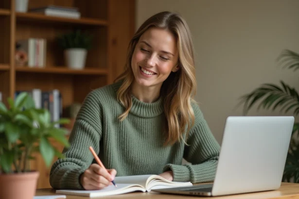 Jeune femme consultant une liste de prénoms sur un ordinateur portable et prenant des notes dans un carnet