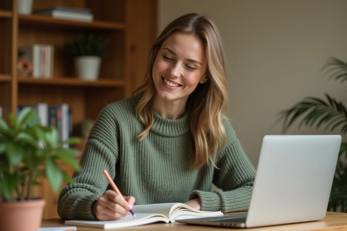 Jeune femme consultant une liste de prénoms sur un ordinateur portable et prenant des notes dans un carnet