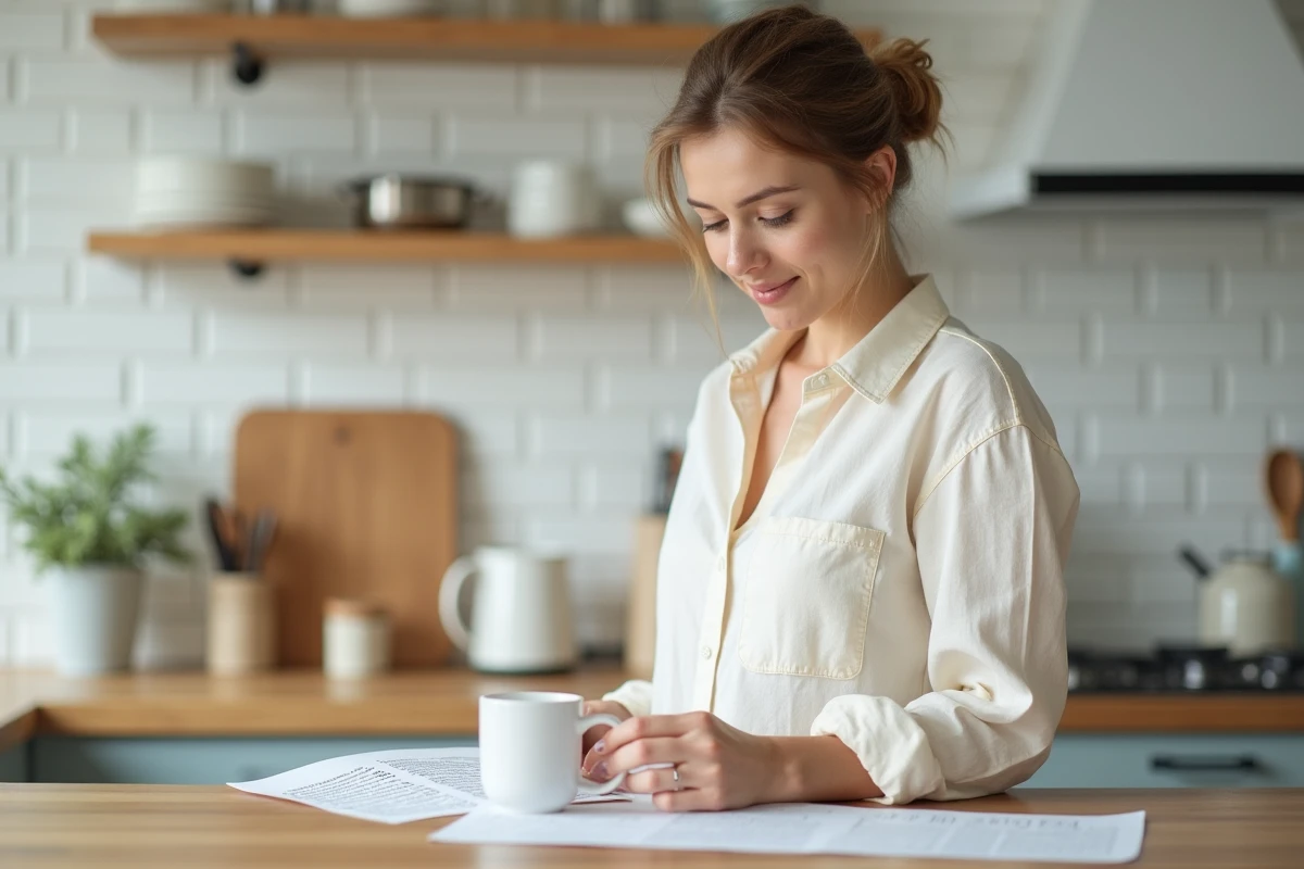 Femme lisant attentivement une liste imprimée de prénoms dans une cuisine moderne avec un café