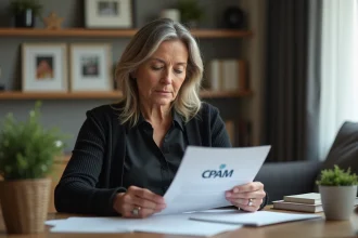 Femme lisant des documents CPAM dans un bureau moderne