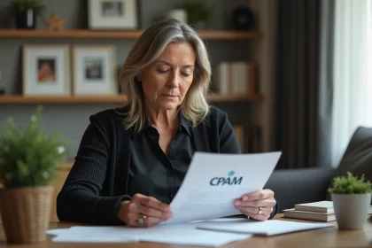 Femme lisant des documents CPAM dans un bureau moderne