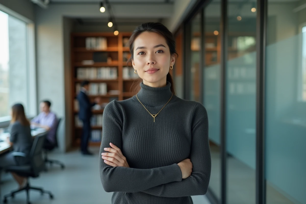 Femme professionnelle en bureau moderne, posture assurée évoquant la frontière entre vie publique et vie privée