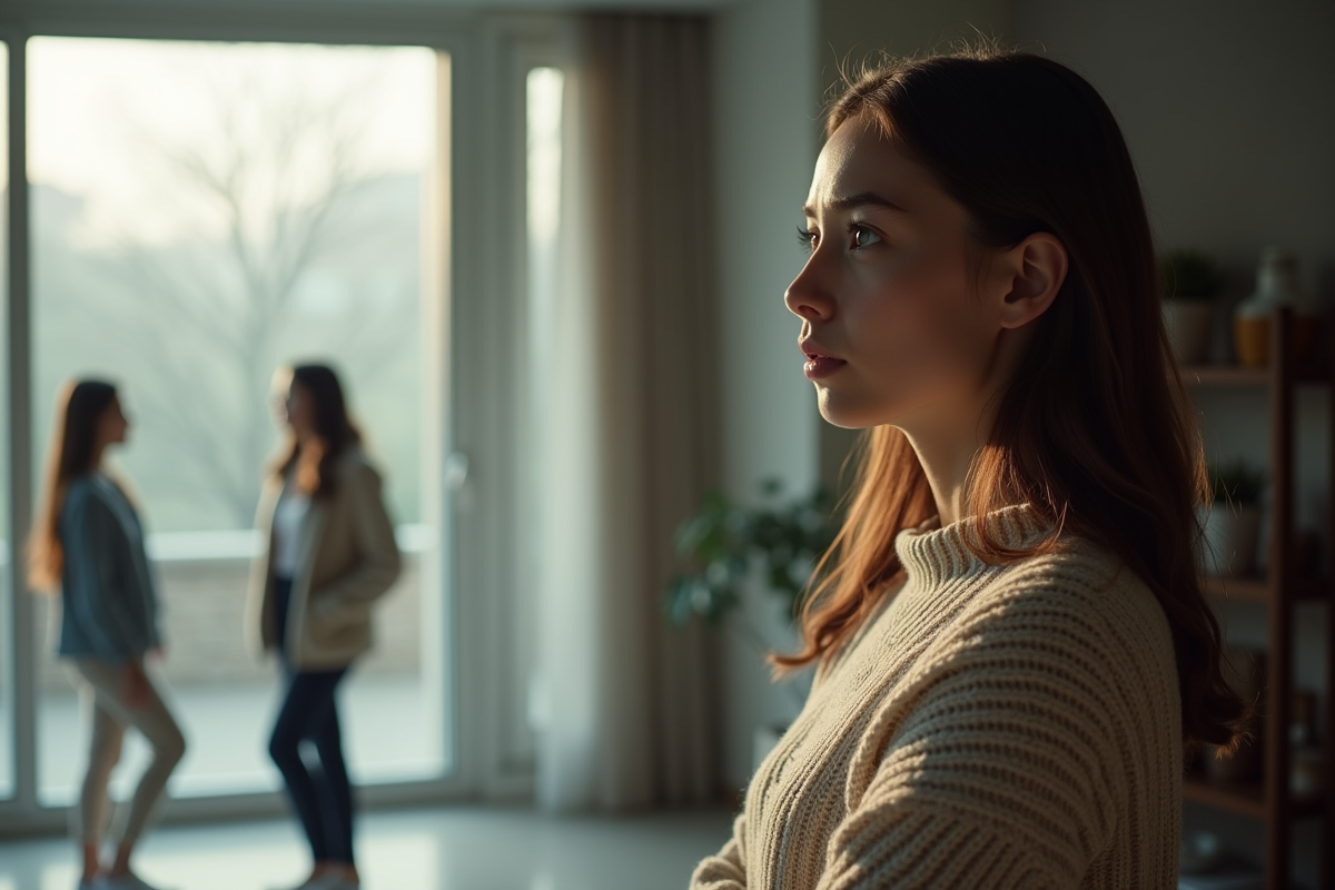 Jeune femme pensant dans un salon moderne près d