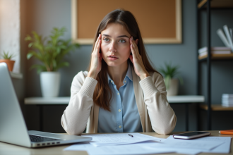 Jeune femme pensant au bureau avec papiers et ordinateur