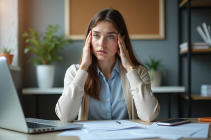 Jeune femme pensant au bureau avec papiers et ordinateur