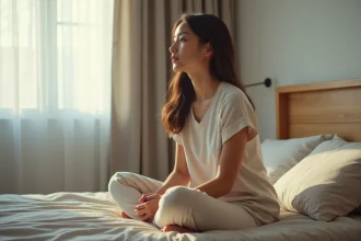 Femme songeuse assise seule sur le bord d'un lit après un rêve perturbant sur son mari
