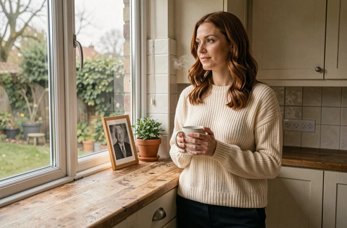 Femme adulte contemplant le jardin depuis la cuisine, tenant une tasse, pensant à son père décédé dont la photo est posée sur le rebord de fenêtre