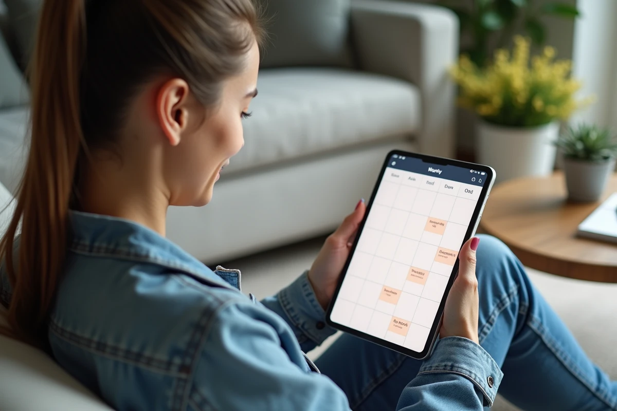 Jeune femme consultant une application de calendrier avec semaines paires et impaires sur une tablette dans un salon cosy