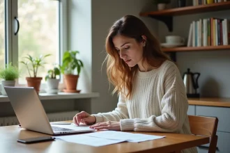 Femme concentrée à son bureau dans une cuisine lumineuse