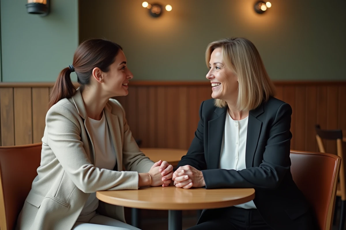 Deux femmes en conversation sincère autour d'un café, symbolisant le soutien moral et l'accompagnement humain proposés par aupremierplan.fr