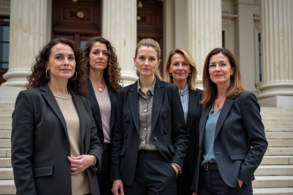 Groupe de femmes diverses devant un bâtiment officiel