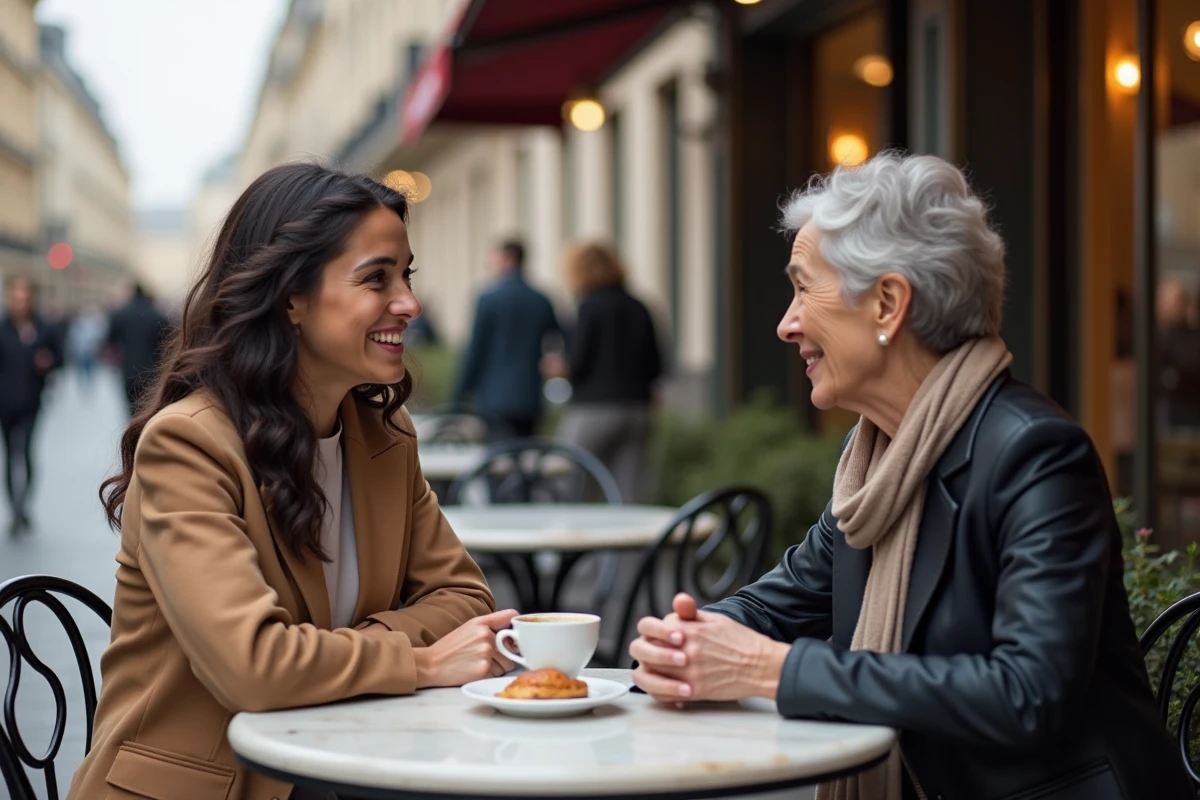 Jeune femme et sa mère en conversation animée à une terrasse de café parisien dans une ambiance authentique