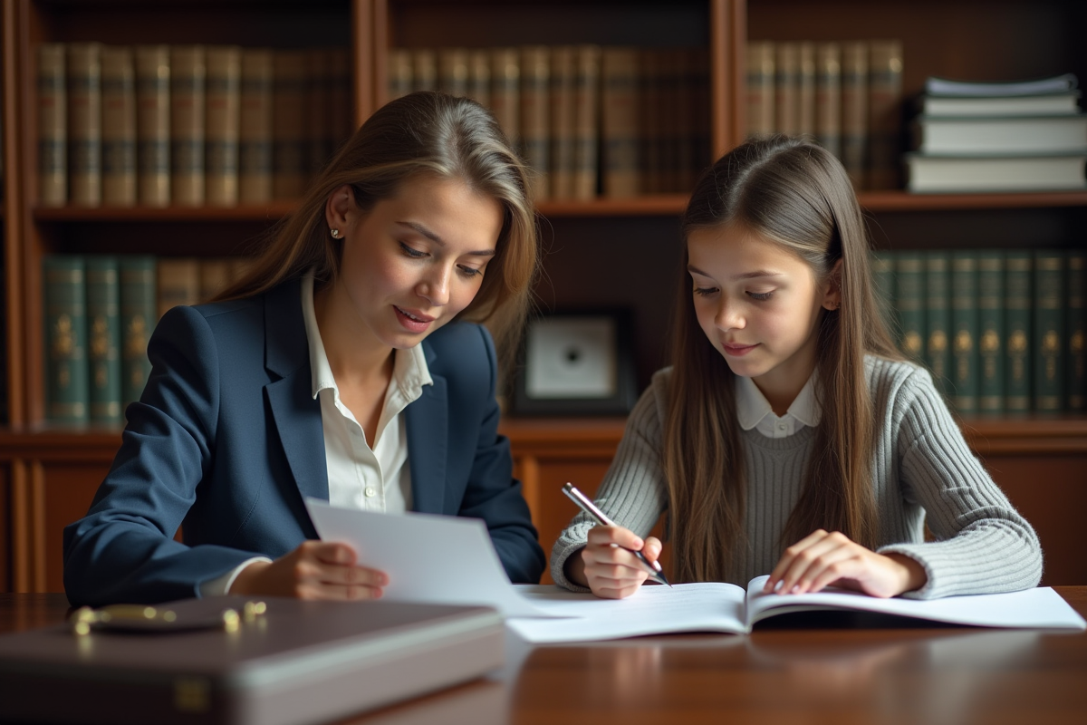 Fille et femme en discussion dans un bureau notarial