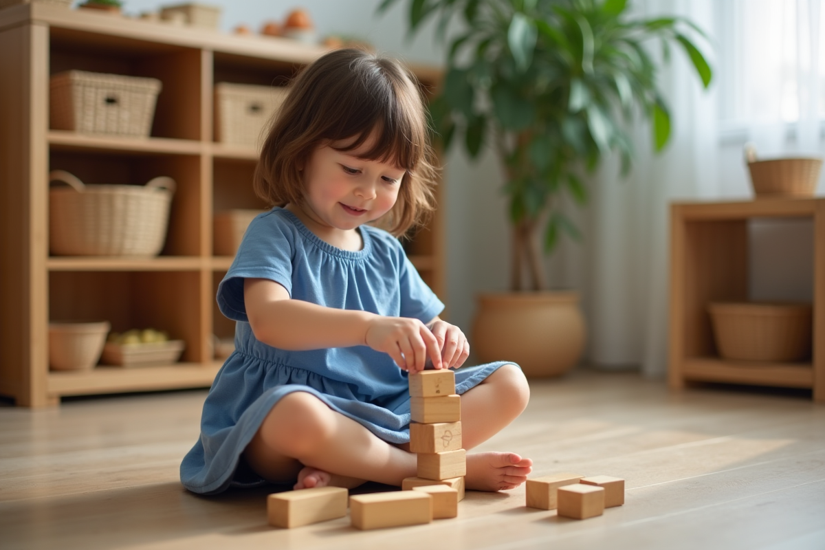 Jeune fille de 5 ans jouant avec des blocs en bois dans une classe Montessori